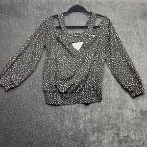 Black White Polka‎ Dot Long Sleeve Blouse Cut Out Shoulder Smocked Waist Top